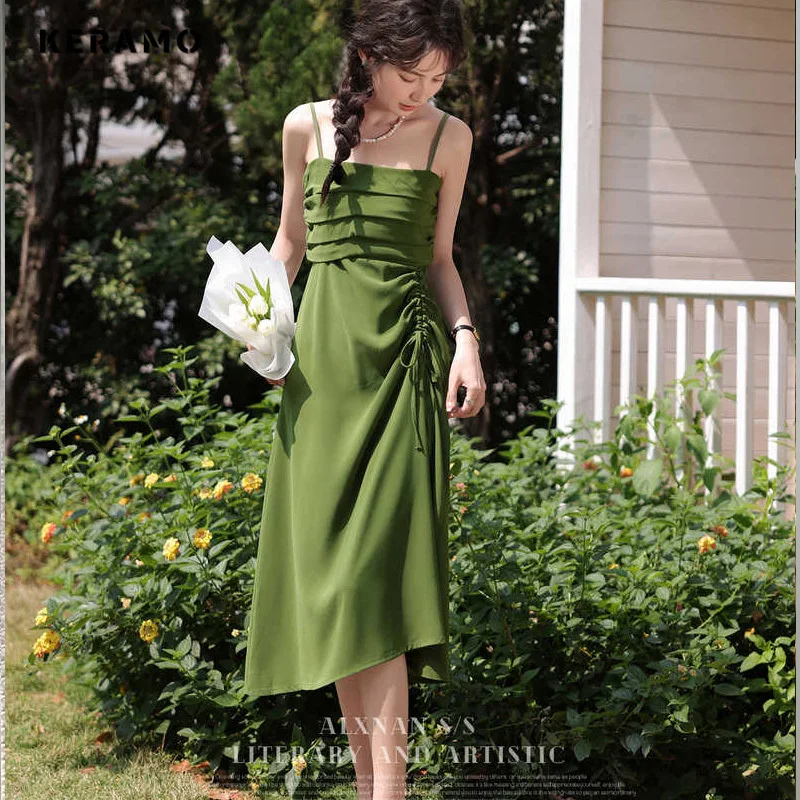 2024 Spring Sweet Style Backless Slash Neck Green Suspender Mini Dresses Women Elegant Sexy Chiffon Slim Fit Solid Color Dress