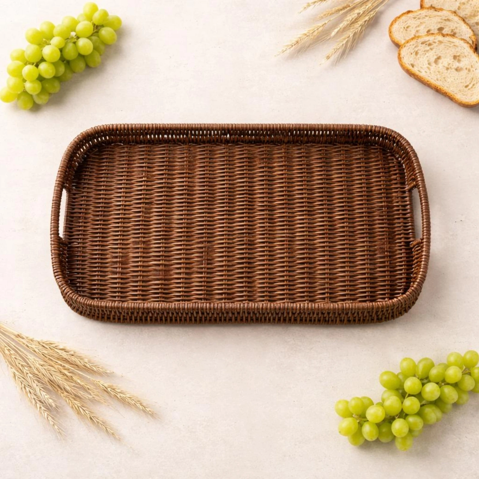 Woven Plastic Tray Iron Frame Rattan-Style Tray Rectangular Storage Basket Multi-Purpose Long-Lasting