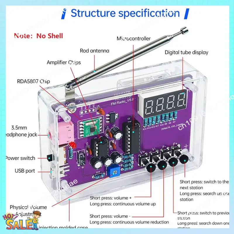 N08R Multifunction Radio DIY Kit 87-108Mhz FM Adjustable Radio DIY Module LED Digital Display Volume Adjustable No Shell