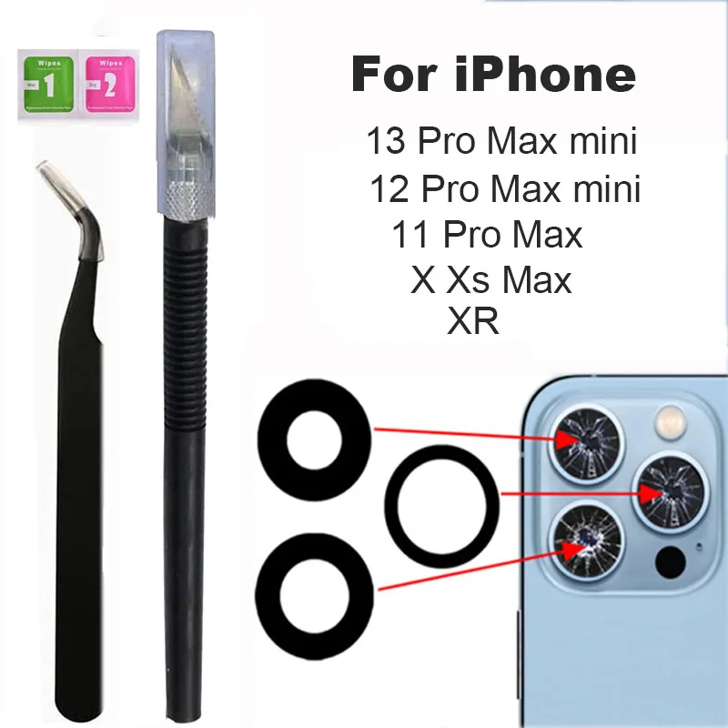 1 conjunto de volta lente da câmera de vidro para o iphone x xr xs 11 12 13mini pro max câmera traseira com adesivo & remover ferramentas reparação peças