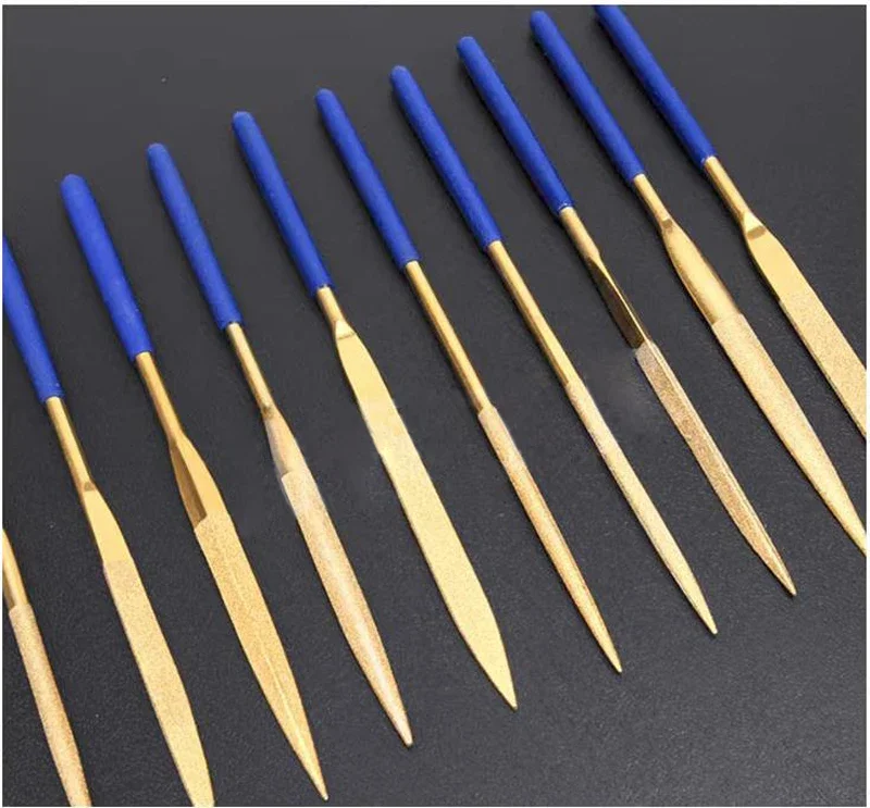 ملفات ماسية متنوعة مع ملفات صغيرة من سبائك التيتانيوم المطلية بأدوات فرك المعدن والحجر مجموعة تلميع للعمل الدقيق #4