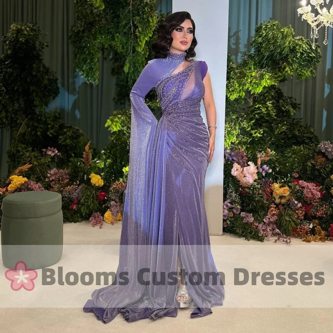 Blooms Silver Beads Purple Saudi Luxury Evening Dresses For Special Occasion Shiny Mermaid Party Dress Cape Sleeve Prom Gown