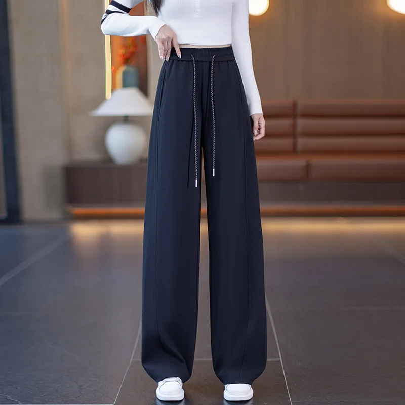 Pantaloni sportivi con coulisse in vita elastica versatile moda a vita alta Pantaloni casual Donna Autunno Nuovi pantaloni a gamba larga in tinta unita