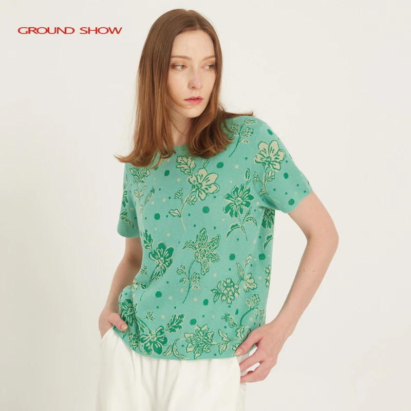 

Green Floral Knitted T-Shirt round Neck Short Sleeve Pullover Top Elegant Ageless Women's Summer New Style Ground Show