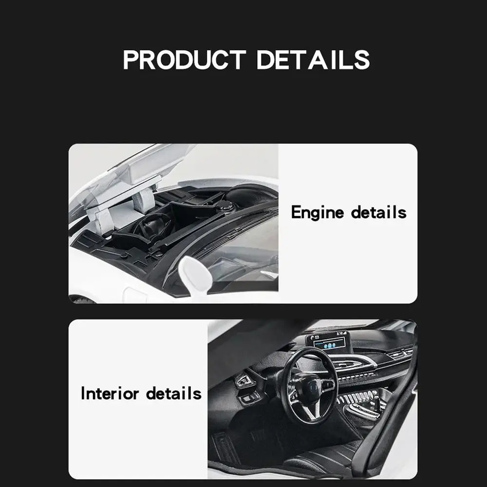 1:22 i8 سيارة رياضية مصنوعة من خليط معدني نموذج مضاد للسقوط ألعاب سيارات قابلة للسحب واقعية مدمجة مع ضوء وصوت لعيد الميلاد