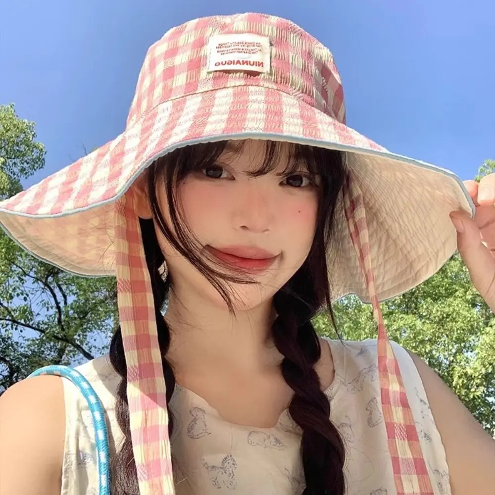 

Fashion Summer Plaid Bucket Cap Tie Strap Two-sided Sunscreen Hat Sweet Wide Brim Fisherman Caps Outdoor