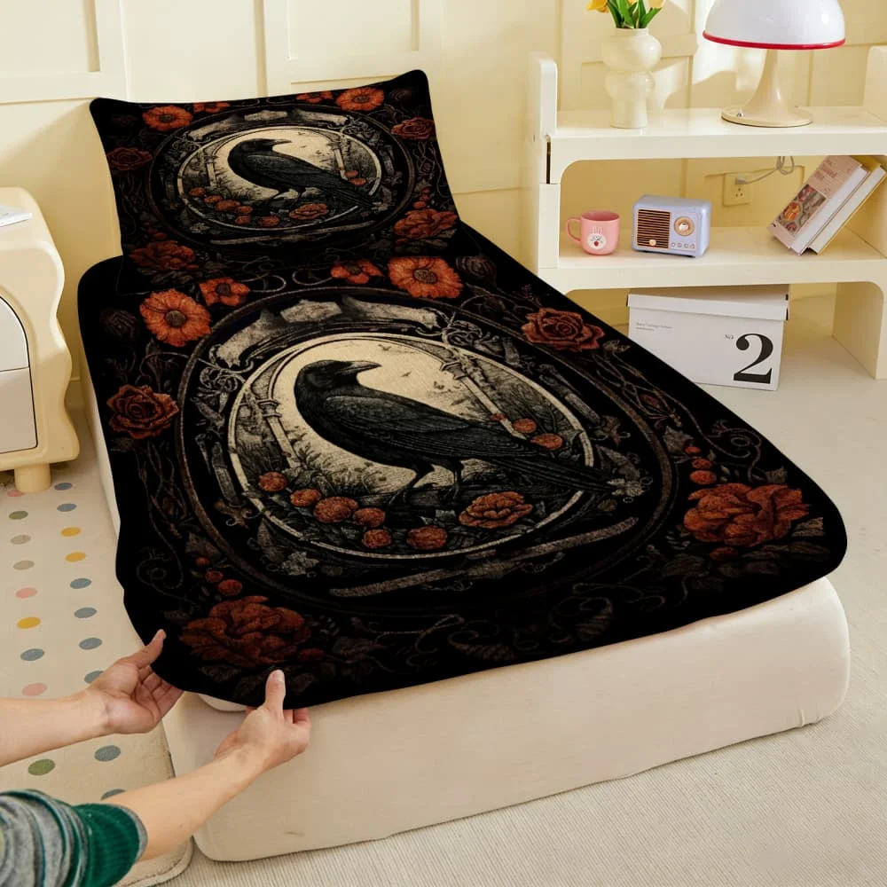 1pc Vintage Raven & Red Rose Print Fitted Sheet Deep Pocket Elastic Mattress Cover Single Double Queen King Bedroom Decor