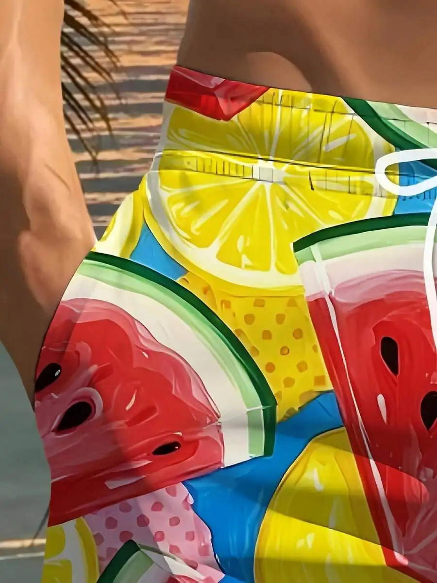 

Mens 3D Fruit Print Beach Shorts Polyester Drawstring Waist Casual Swim Trunks