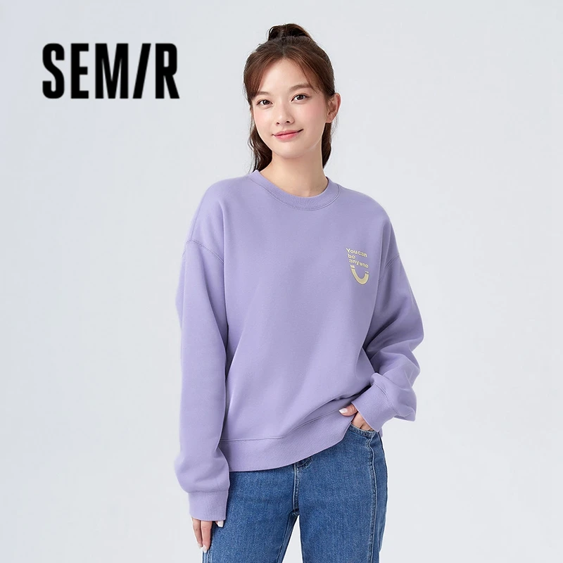 Semir Sweatshirt Women Loose Polar Fleece Round Neck Off-Shoulder 2023 Winter New Versatile Printed Top