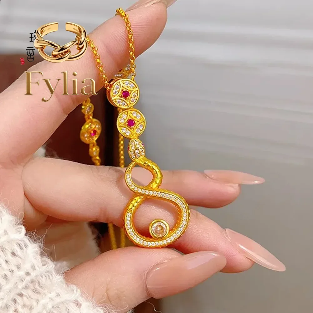 Fylia Jewelry   Gold Shop 24K real gold dot diamond Fulu Ling Snake Pendant Necklace au999 pure gold hollow coin snake collarbon