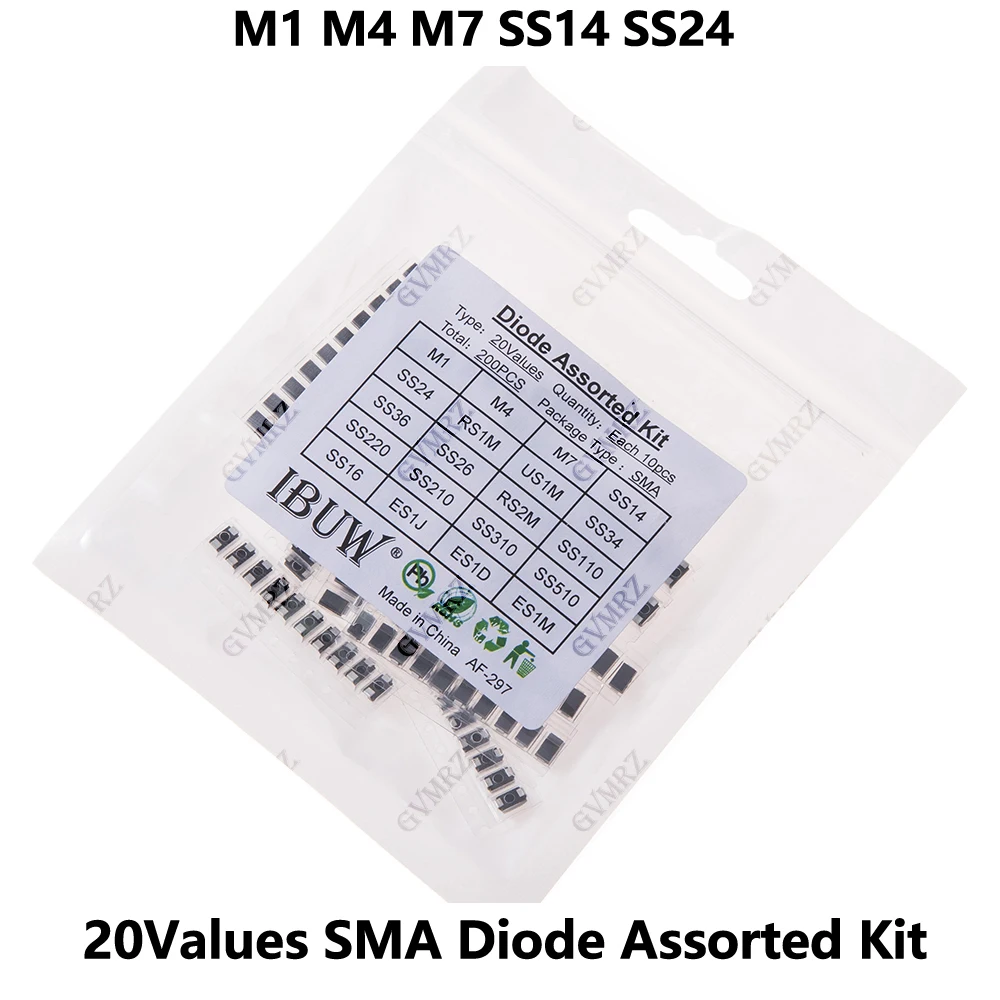 200PCS 20Values SMA Diode Assorted Kit M1 SS24 for Electronic Rectification Projects M4 M7 SS14 SS510 SS310 ES1J Component