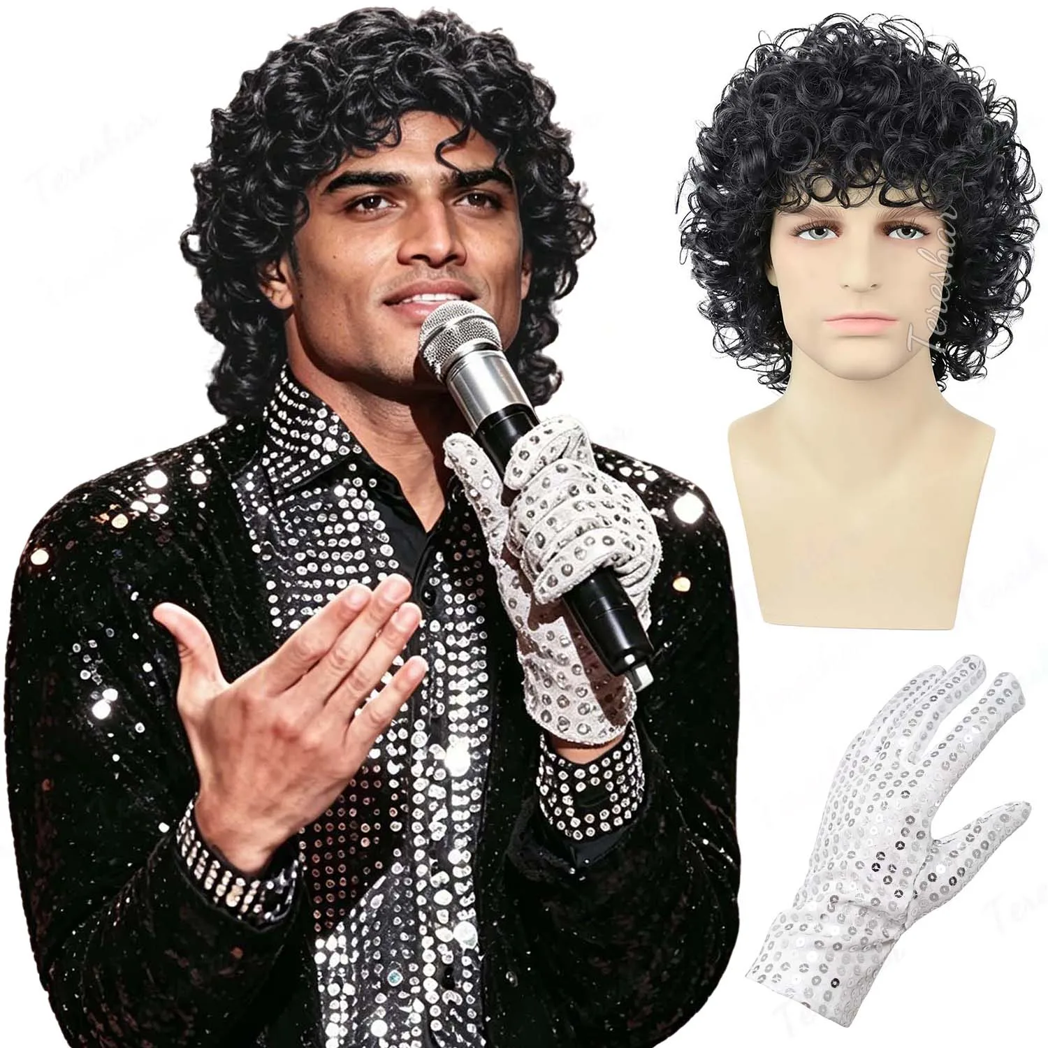 

Synthetic Mens Black Long Curly Wavy Wig+Glove, 80s Rocker Funny Wigs for Retro Halloween Party Use, Michael Jackson Cosplay Wig