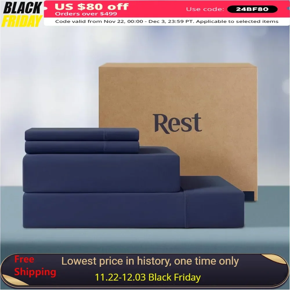 Cooling Sheet Set, Midnight Blue, Breathable Bed Sheets Pillowcases,  Ionic+ Self-Cleaning Silver Yarn for Sensitive Skin