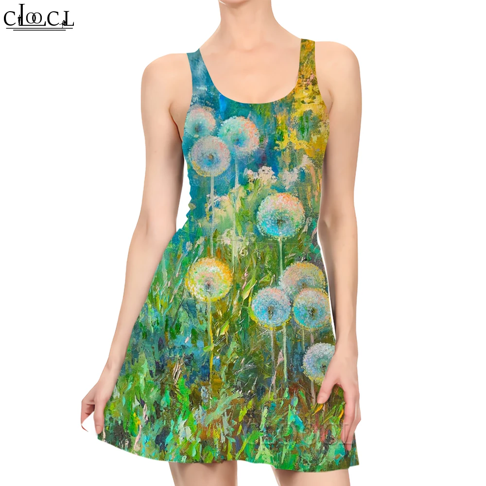 

CLOOCL Elegant Dress Romantic Dandelion Pattern Printed Princess Dress for Female Sleeveless Mini Dresses Party Clothes New 2022