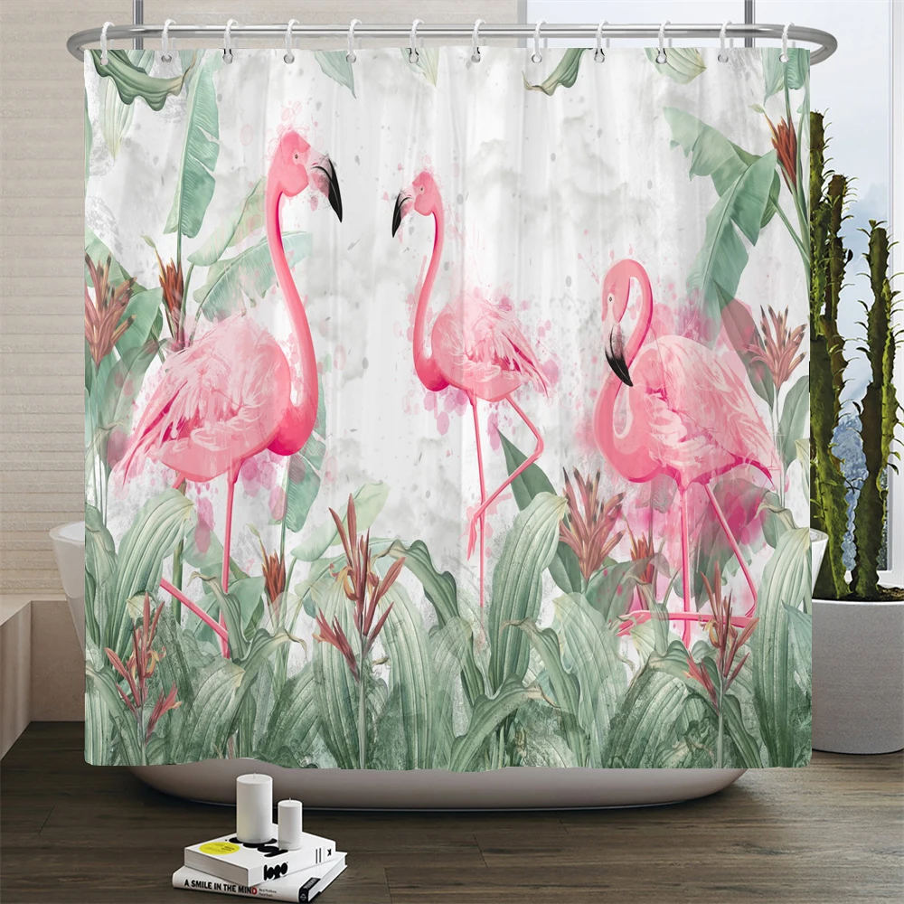 Flamingo Shower Curtains Green Leaf Bathroom Waterproof Polyester Fabric Printing Shower Curtain Decoration Bath Screen