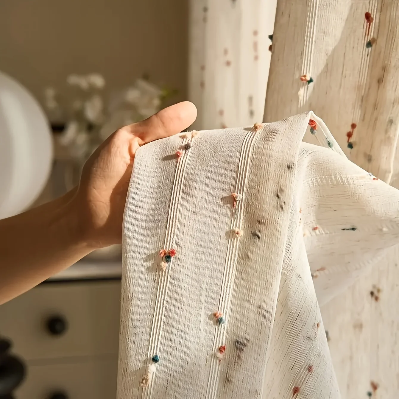 1PC Boho Style Linen Sheer Curtain, Rod Pocket Design, Ideal for Living Room, Bedroom, Balcony, Rural Home Decor, 1pc