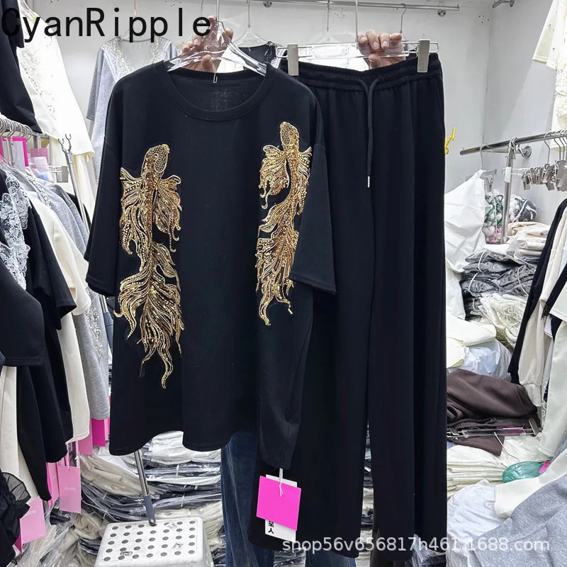 

New Spring Summer Women Two-piece Set Sequins Embroidery Loose Short Sleeve T-shirt Top + Elastic Waist Straight Casual Pants