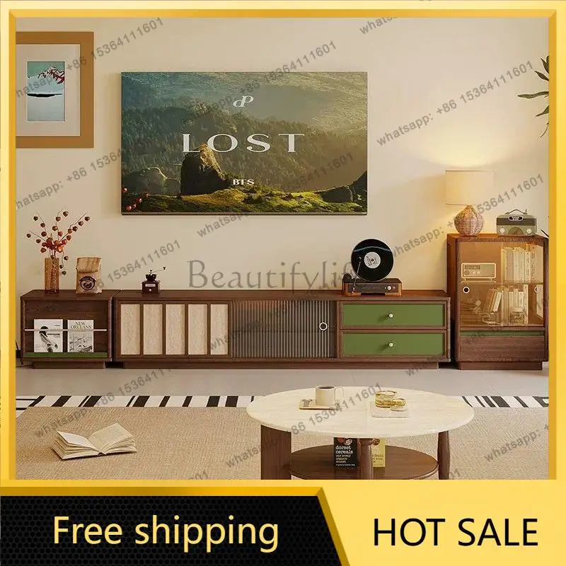 FG medieval solid wood TV cabinet Bauhaus color matching storage cabinet floor-to-ceiling integrated