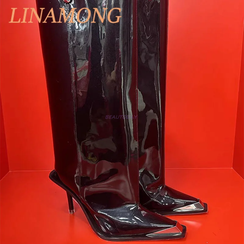 Metal Pointed Loose Fitting Straight Leg Boots Fashionable One Foot Kick Slim High Heels Long Leg Boots Black Knight Boots