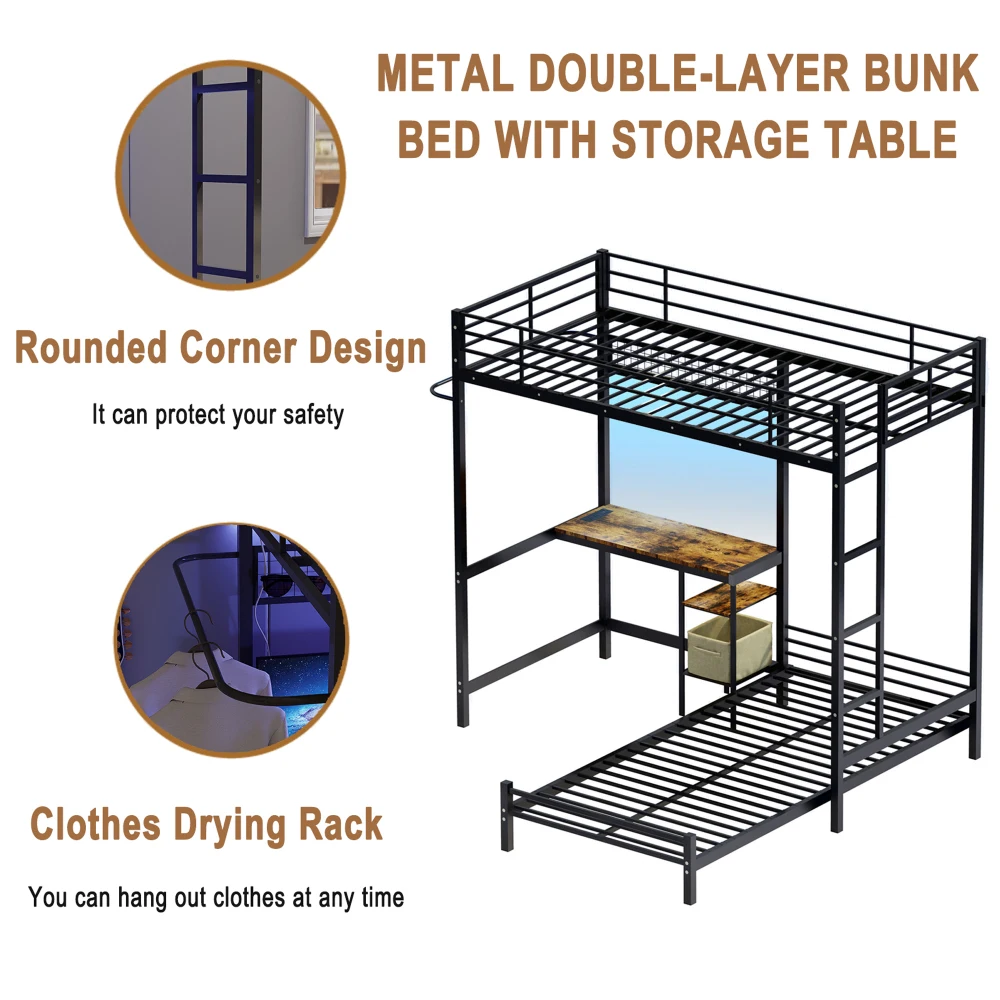 Bunk Bed Twin Over Twin Size with Desk Station L-Shaped Metal Bunk Bed Storage Shelves Drawers Loft Beds with Safety Guardrail view 5