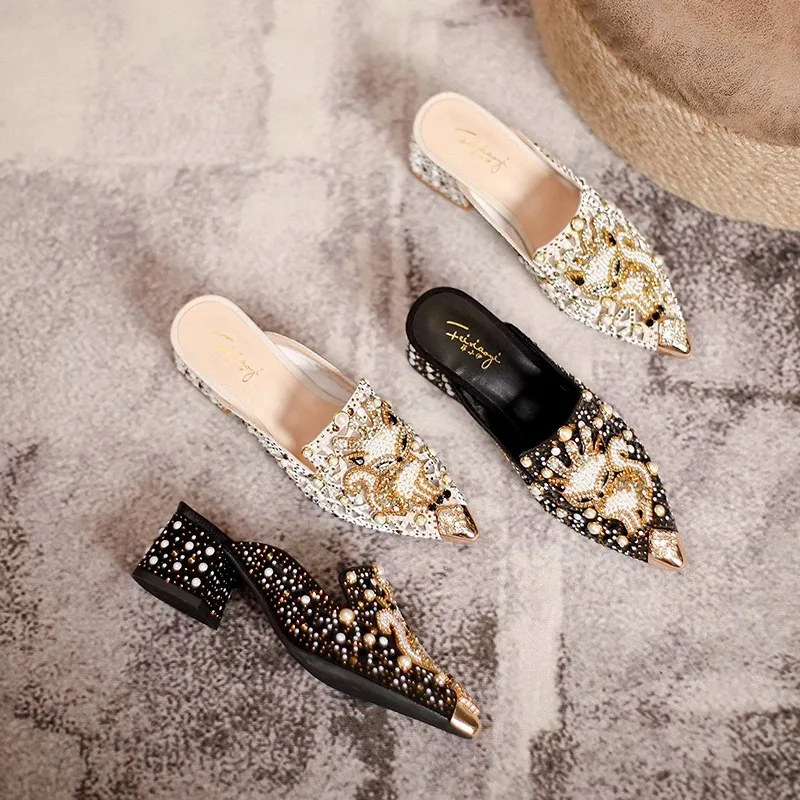 European Summer Shoes for Women Luxury Sandals Hollow Out Pearl Rhinestone Fox Heels Slipper Girl Street Fashion Pumps image 3