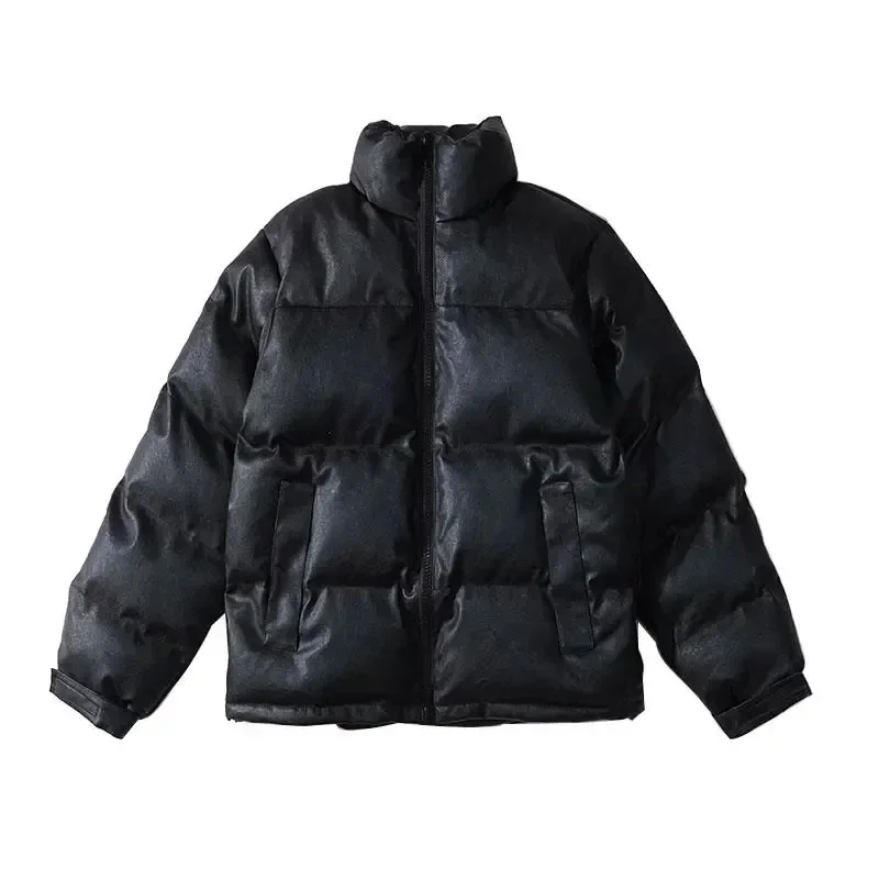 Winter Pu Leather Cotton Padded Jacket Men Casual Stand Collar Warm Parkas Windproof Trendy Black Thicken Bread Coats Teachwear