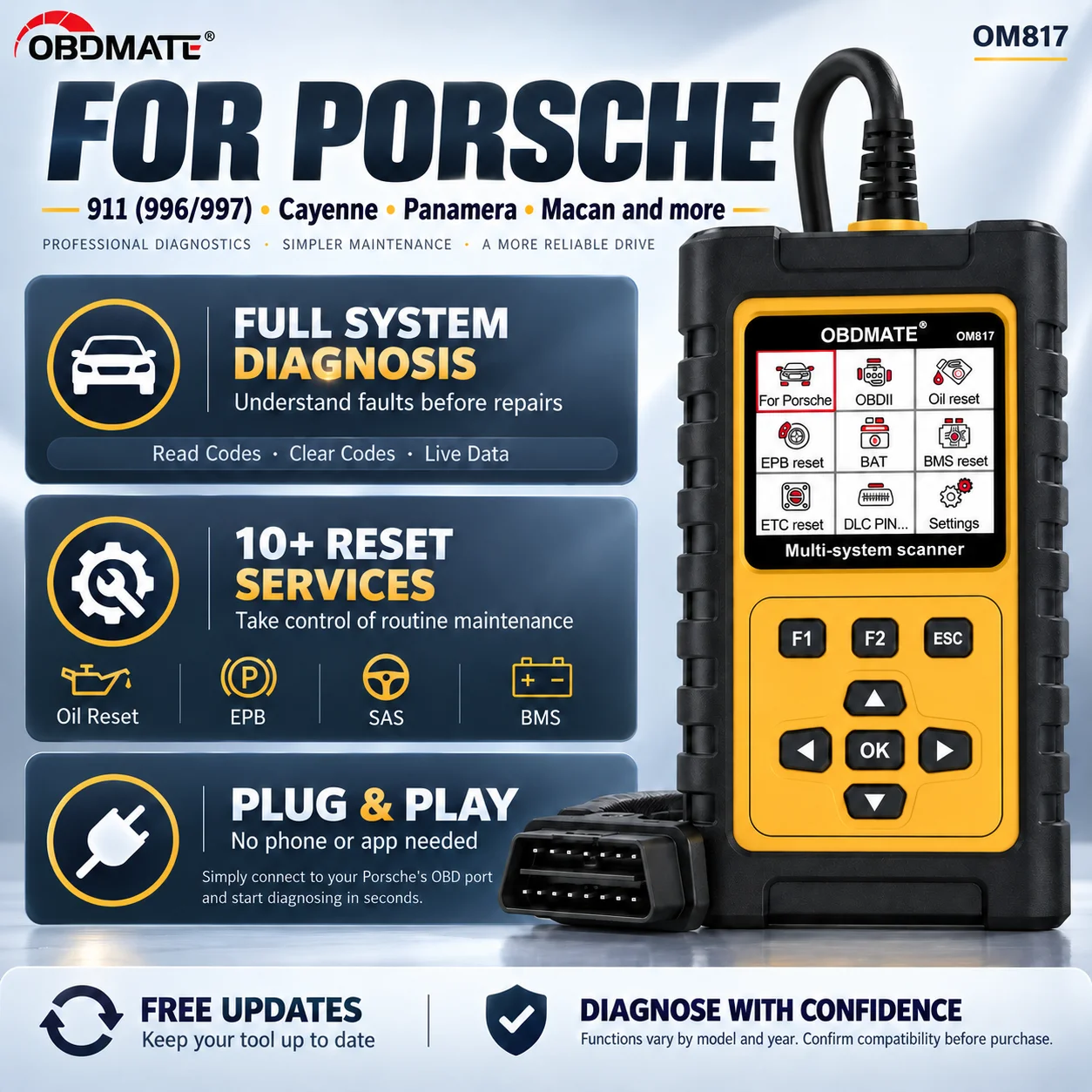 OBDMATE OBD2 Scanner For Porsche 911 996 997 Cayenne Panamera Macan Full System Car Diagnostic Tool With Multiple Service Resets