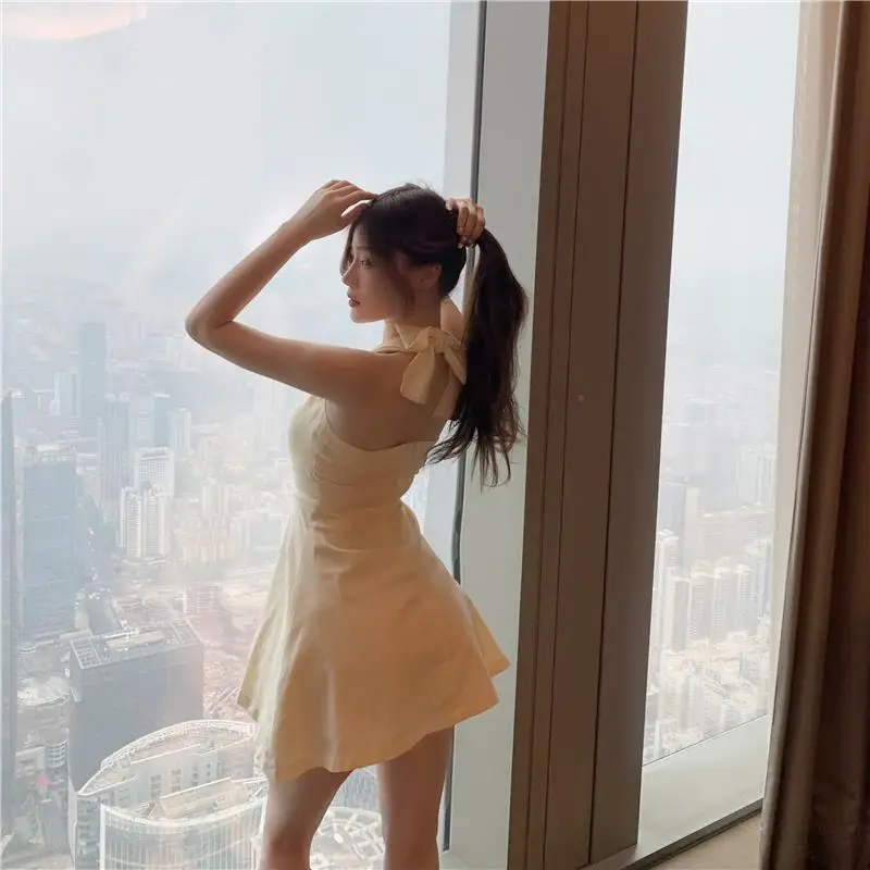 French Retro Light-climbed Square Collar Suspender Dress Temperament Backless A-line Short Skirt for Women