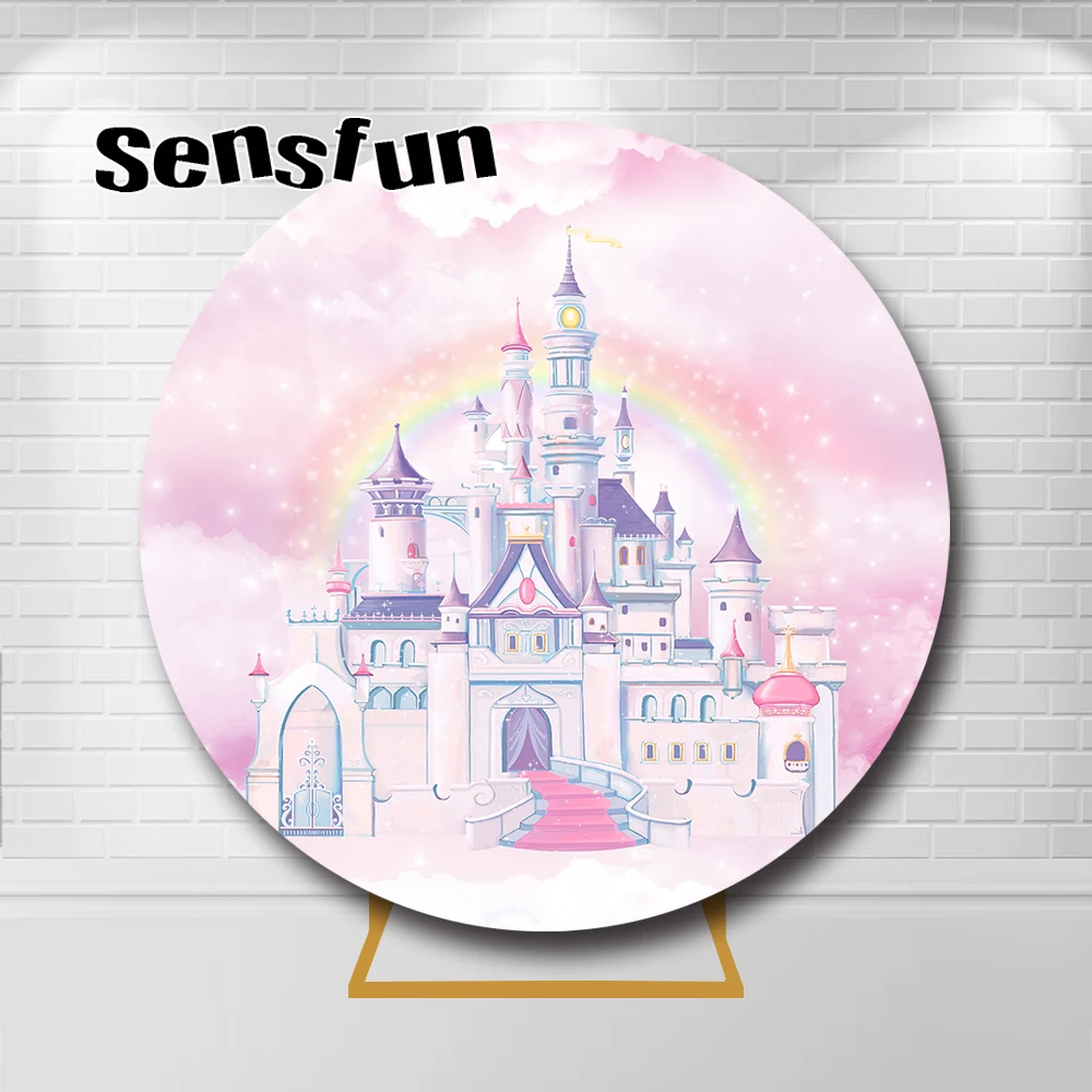 

Pink Boken Rainbow Castle Round Backdrop Cover for Princess Girls Newborn Cake Smash Baby Shower 1st Birthday Party Backgrounds