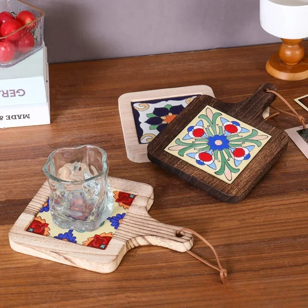 Household Retro Placemats,Solid Wood Flower Tile Heat Insulation Mat,  Casserole, High Temperature Resistant Table Mat, Coasters