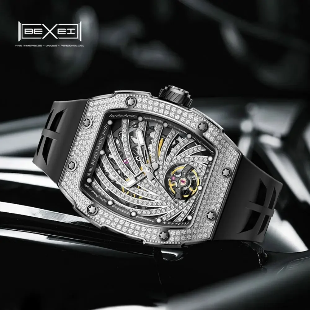 

BEXEI 2025 Inlaid zircon Automatic Mechanical watches for men Luxury 80 Hours Power Barrel shaped Sapphire Luminous waterproof