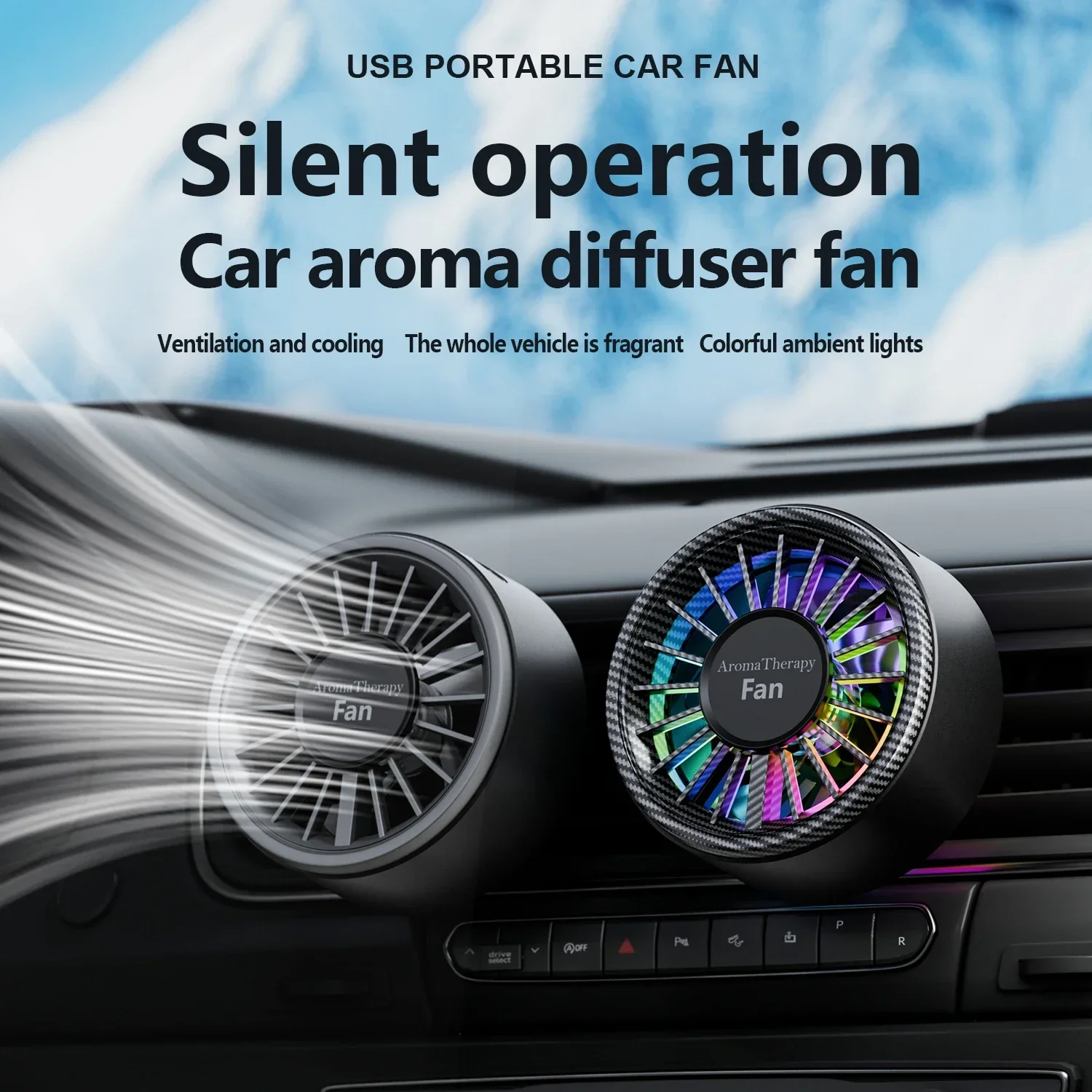 

3 IN 1 Car Aromatherapy Fan Mini Air Vent Cooling Fan USB colorful ambient lighting Car Fan For Air Vent Scent Decoration