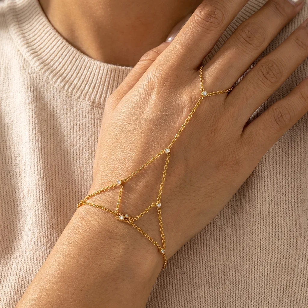 Minimalistisches CZ Edelstahl-Fingerarmband für Frauen Luxuriöse Braut Mehrlagige Handketten Party Hochzeit Schmuck Geschenk Wasserdicht – Detail 3