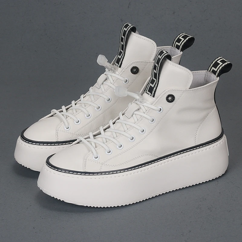 

New White Cowhide Men's Fashion Versatile Thick Sole Elevated Short Boots Lightweight and Comfortable High Top White Shoes