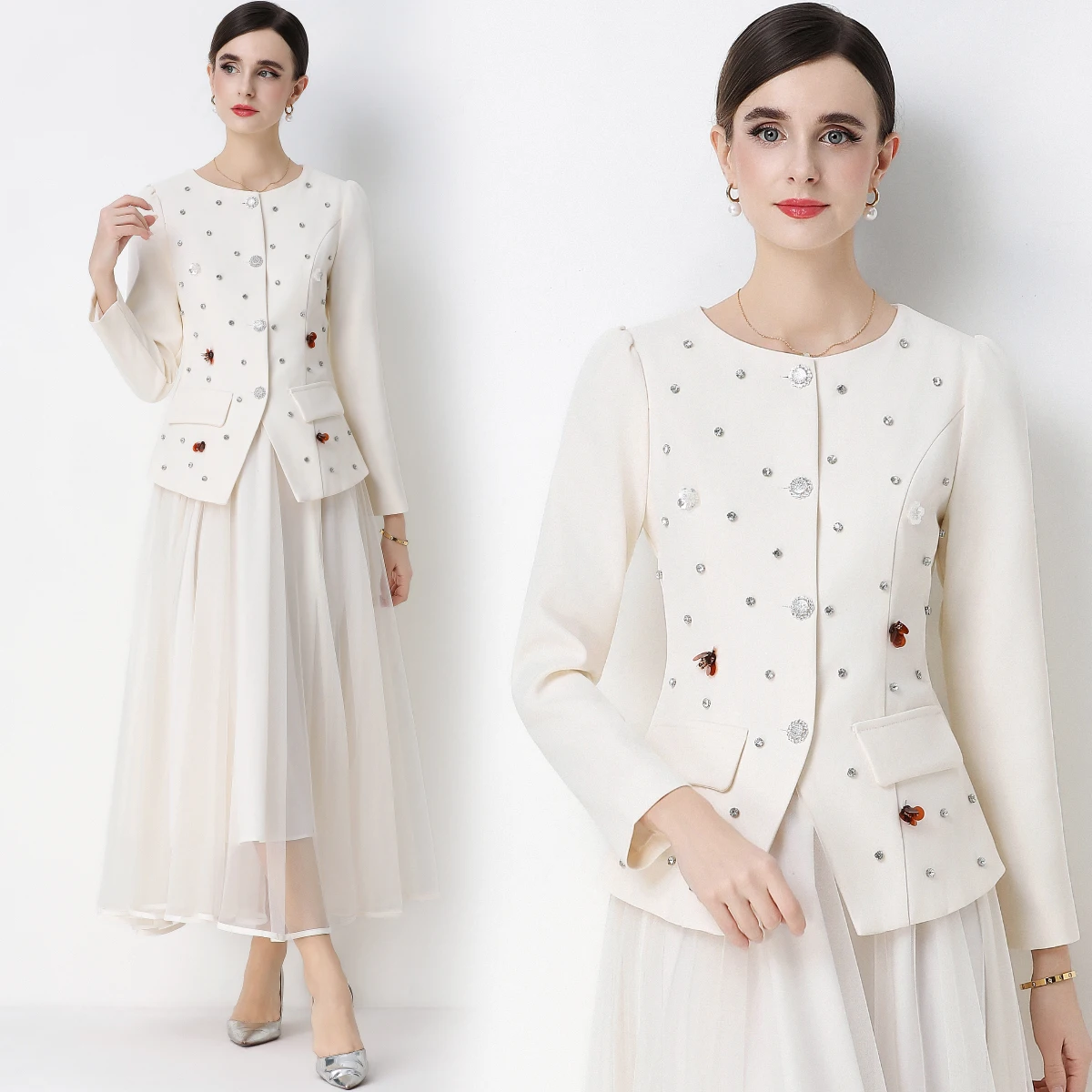 

Elegant Heavy Work Suit Jacket And Mesh Skirt Two Piece Set High Waist a Line Dress Long Sleeve round Neck Single Button
