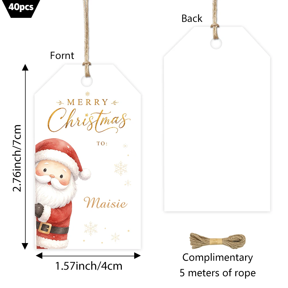 40 Pcs Custom Text Merry Christmas Gift Tags Cute Cartoon Santa Personalized Hanging Labels, with Jute Rope