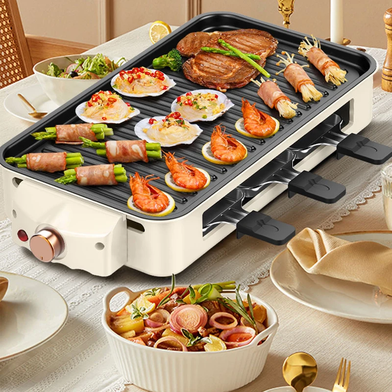 DMWD Household Electric Raclette Grill Machine Smokeless Griddle Non-Stick BBQ Pan Bakeware Oven Outdoor Barbecue Skewers Stove