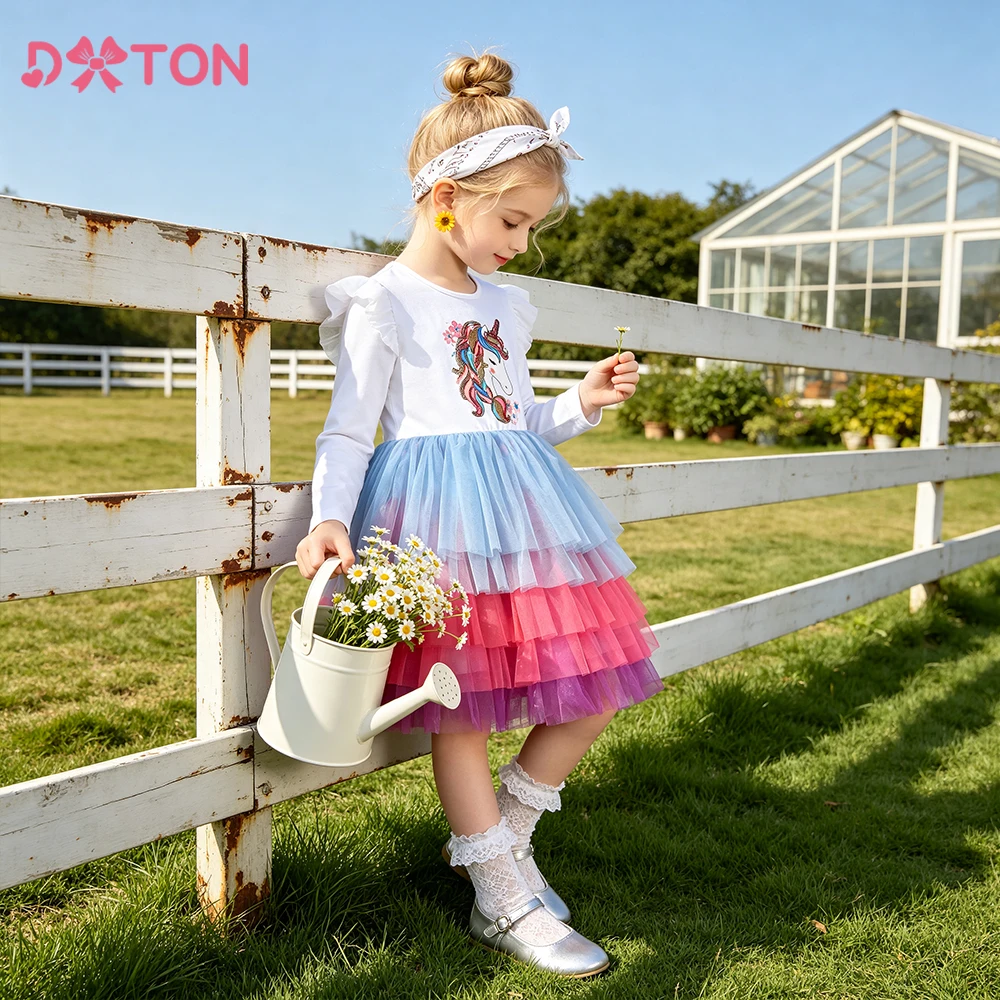 

DXTON Children Cake Dress For Girls Mesh Gradient Patchwork Kids School Casual Clothing Sequin Unicorn Layer Baby Cartoon Dress