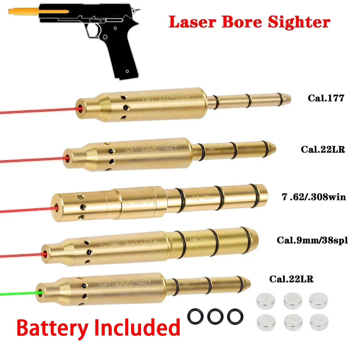 

Red Green Laser Bore sight Training 9mm 7.62 .38spl .177 22LR 22 LR Bullet Boresighter Caliber Hunting 12GA .223 .308 9x19mm