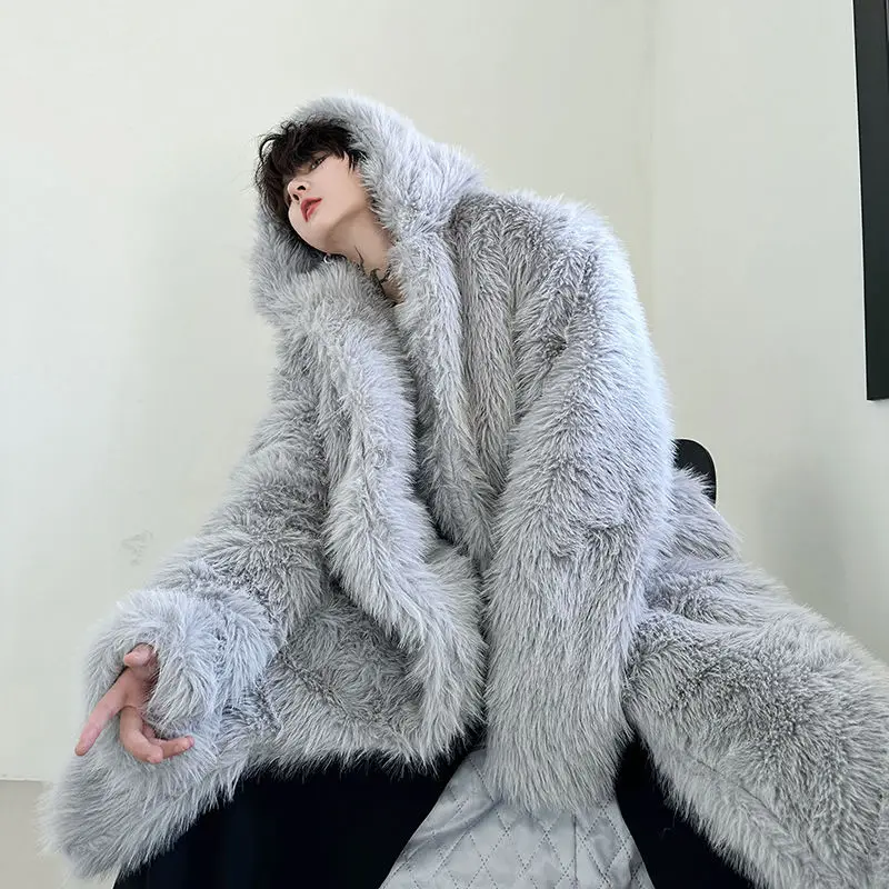 

Faux Fur Coats Men Casual Hooded Jackets Solid Round Neck Full Sleeve Longline Loose Fit Single Bteasted Thick Warm 2025 Winter