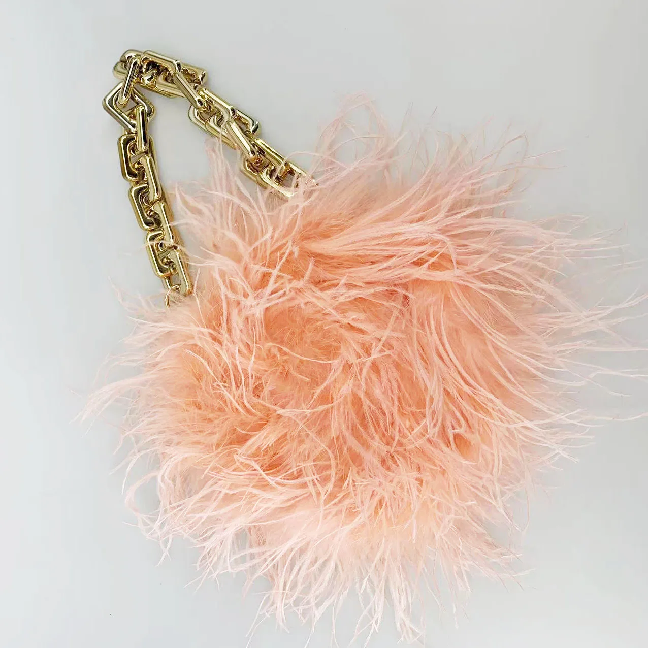 

Furry Fluffy Ostrich Feather Mini Handbag with Gold Chain, Peach Fuzz, Luxurious Party, Luxurious