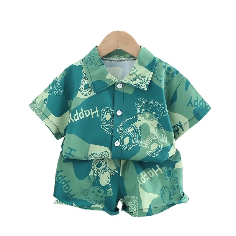 2024 New Fashion Summer New Boys Lapel Flower Shirt Short Sleeve Suit Shorts Casual Lovely Two-piece