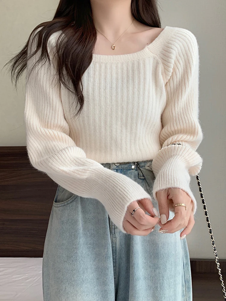 Herbst Winter Lose Frauen Pullover Casual Weiche Lange Puff Sleeve Pullover Jumper Strickwaren Grundlegende Pullover Für Frauen Tops – Detail 5