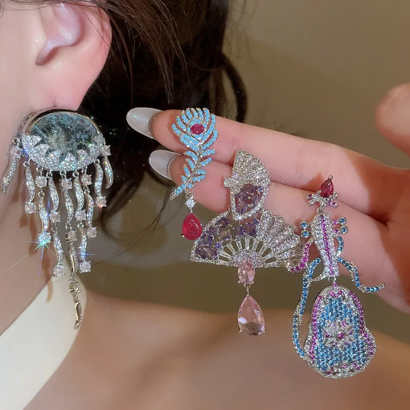 

Minar Exquisite Multiple Full CZ Zircon Leaves Sector Flower Insect Jellyfish Geometric Dangle Earrings for Women Silver Copper