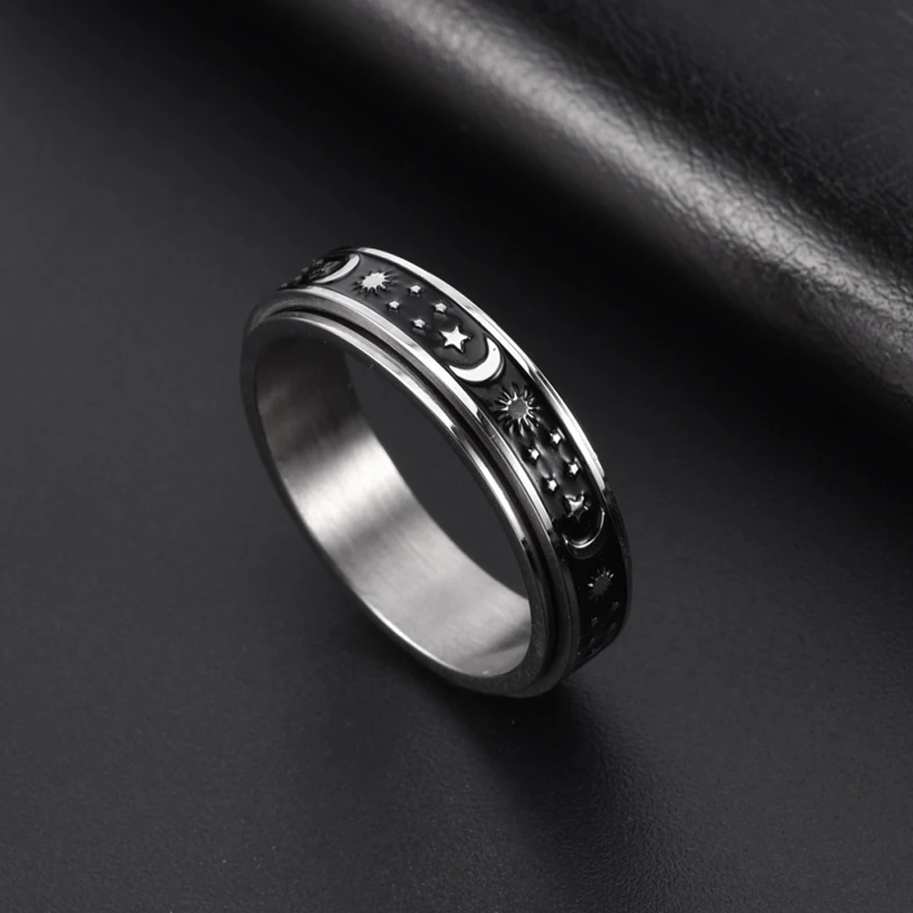 Vintage Moon Star Spinner Ring for Women Stainless Steel Boho Rotating Fidget Ring Celestial High Quality Jewelry