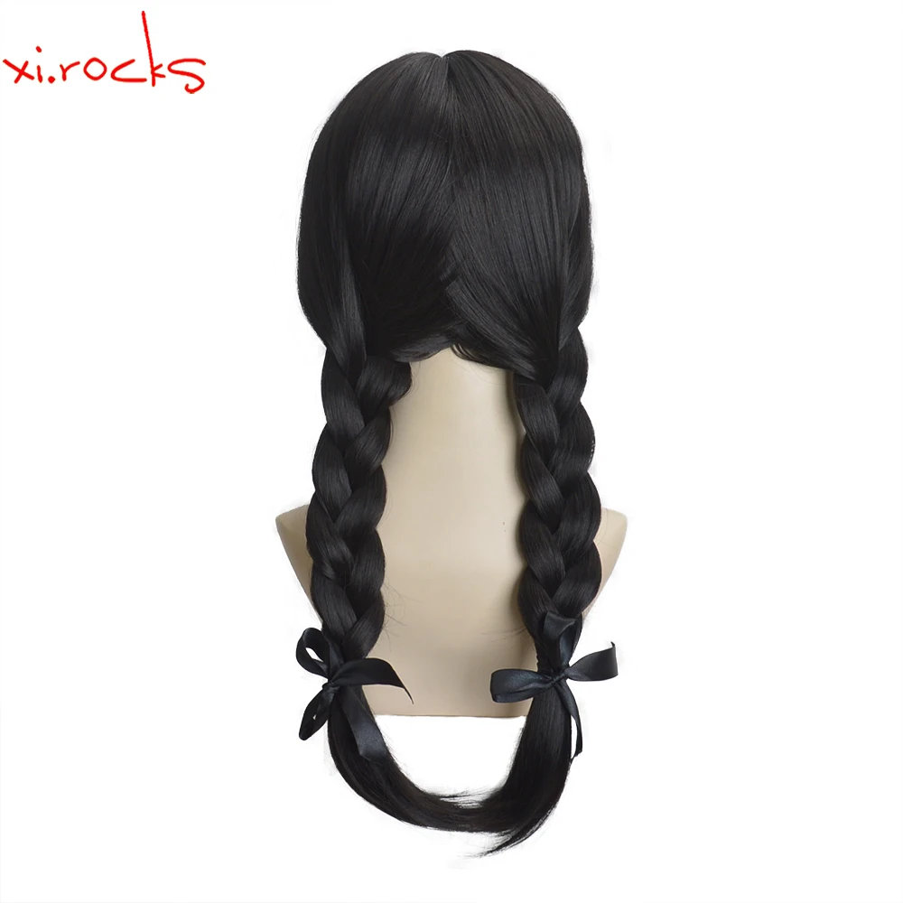 3622L Xi.Rocks Addams Wednesday Long Black Braids Hair Cosplay Heat Resistant Synthetic Wig Halloween Party Role Play