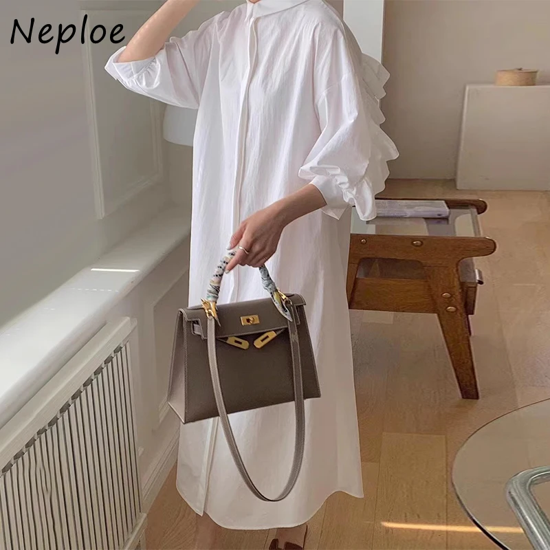 Neploe Chic Lazy Style Lapel Collar Panel Ruffle Edge Vestido 2024 Autumn Femme Simple Casual Loose Solid Color Long Shirt Dress