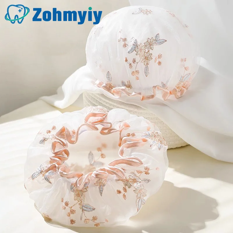 Handmade Embroidered Shower Cap Thick Double-Layered Shower Cap For Women With Waterproof Elastic Bath Cap Hair Protection