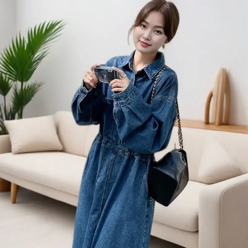 

Синее джинсовое платье в корейском стиле SuperAen для женщин, весна и осень, новое свободное модное платье-пуловер оверсайз, длинные платья