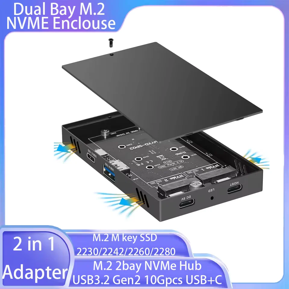 

2 in 1 Dual Bay M.2 NVME Enclouse M.2 2bay NVMe Hub USB3.2 Gen2 10Gpcs USB+C Supports M.2 M key SSD 2230/2242/2260/2280 Adapter